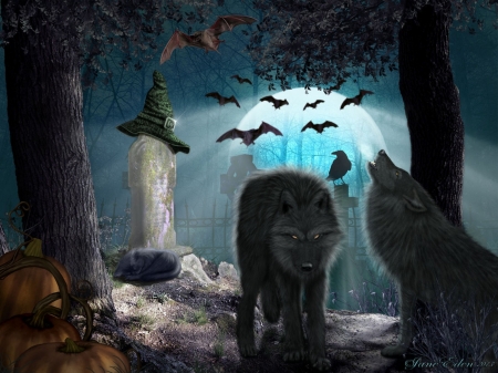 THE WITCH IS DEAD - FOREST, CEMETERY, PUMPKINS, ANIMALS, WOLVES, MOON, CAT, BATS, WITCH HAT