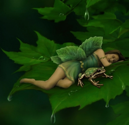 A GARDEN NAP - GOLD, WINGS, DEW, GREEN, FAIRY, FEMALE, LEAVES, FROG