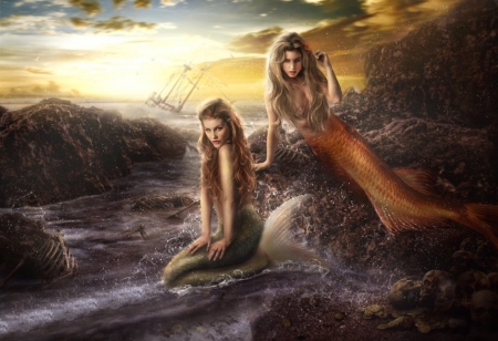 MERMAIDS - beach, ocean, sunset, mermaids, females