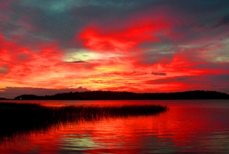 Burning Sky - nature, sky, lake, reflection, clouds, mountains