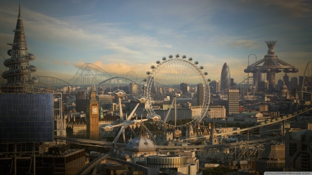 futuristic city - city, building, wheel, ferris