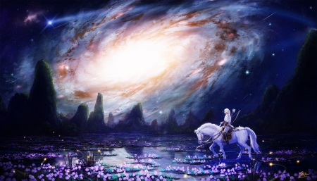 Fantasy - makkou4, sky, girl, fantasy, purple, galaxy, horse, blue, anime, manga