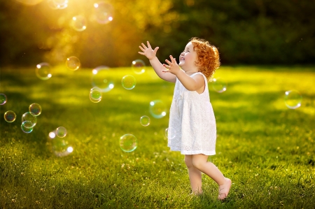 Joy - redhead, girl, summer, child, bubbles, white, green, grass, cute, little