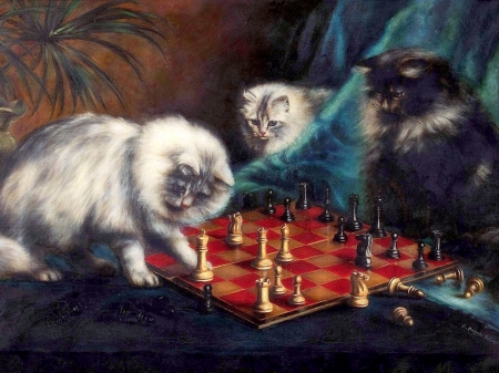 Kitten Playing Chess - paintings, lovely, playing, kittens, chess, cute, cats, love four seasons, draw and paint, animals