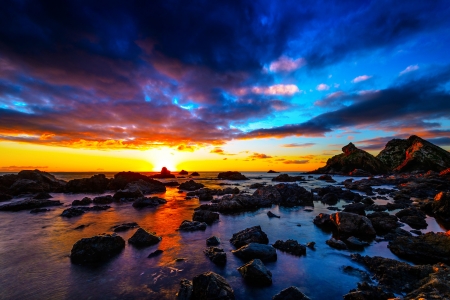 Sunset - glow, sky, clouds, tide, stones, sunset, sea, rocks