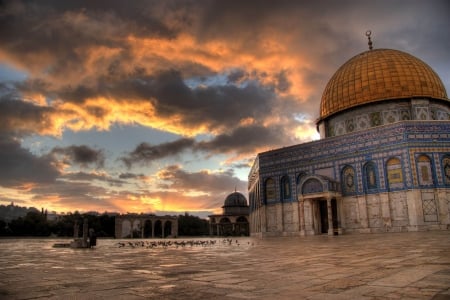 dome of the rock at sunset hdr - mosque, bricks, clouds, dome, sunset, square, hdr