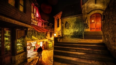 night at side street in medieval village hdr - town, store, lights, hdr, night, church, man