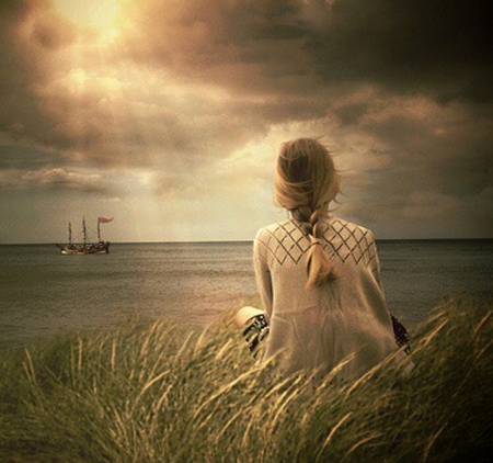 Waiting - alone, girl, sea, ship