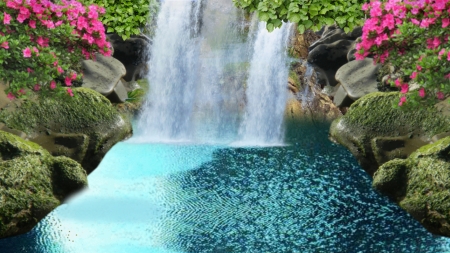 ~*~ Waterfall ~*~ - nature, waterfall, HD wallpaper, landscape, pink flowers, blue lake