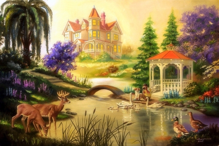 Scenic House - attractions in dreams, houses, animals, summer, gazebo, views, lakes, love four seasons, home, paintings, bridges, garden