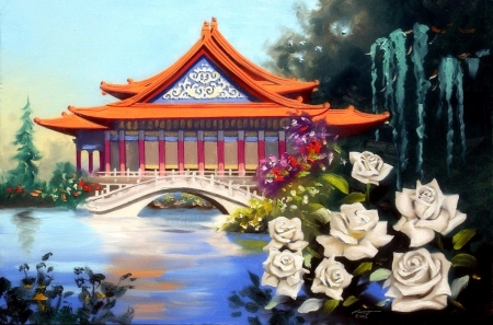 China White Roses - attractions in dreams, houses, roses, summer, white roses, lakes, home, love four seasons, paintings, flowers, bridges, garden