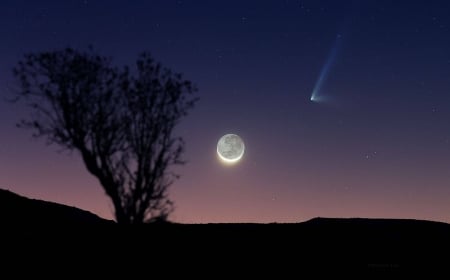 Comet PanSTARRS and a Crescent Moon - space, moon, fun, comet, stars, cool