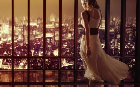 Beauty - white, woman, girl, window, night, city, model, dress