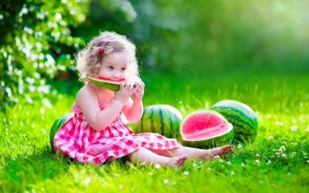 Sweet watermelon - watermelon, girl, child, summer, copil, fruit, pink, green, little