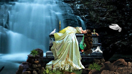 Lady of the Falls - pretty, beautiful, girl, googlehead, doves, fantasy, waterfall, digital, woman, art