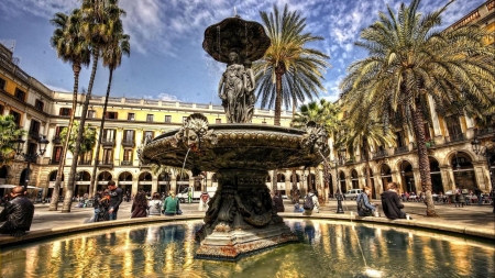 beautiful fountain in town square hdr - square, fountain, town, people, hdr, pool