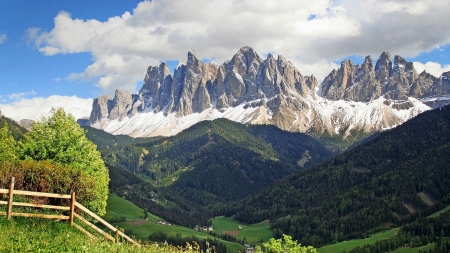 wonderful italian dolomites - clouds, trees, town, meadows, mountains