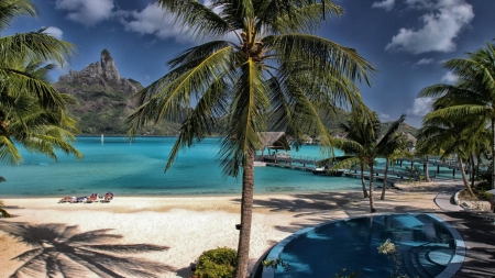 dream beach resort on bora bora hdr - beach, trees, hdr, resort, sea