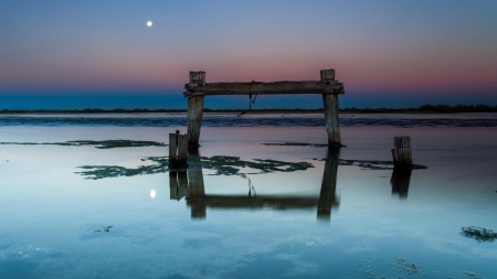 moon over broken seashore pier - moon, pier, broken, night, shore, sea