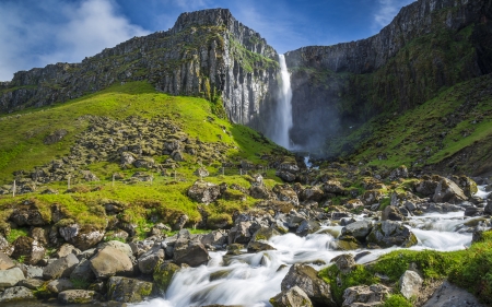 Waterfall - nature, grass, waterfall, river