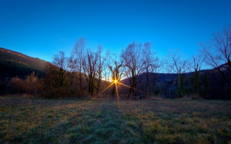 Sunset Over the Mountains - nature, trees, landscape, field, sunset, mountains