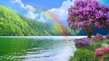 ~*~ Rainbow ~*~ - flowers, river, nature, rainbow, HD wallpaper, landscape