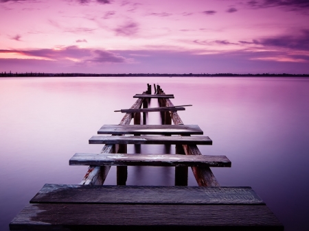 Pier at Sunset - water, landscape, sea, pier, path, river, brige, sunset, nature