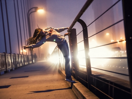 Girl at Night - girl, night, bridge, railings, model, lights