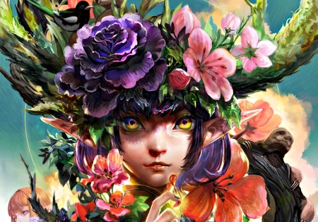 The spirit of flower - anime, spirit, girl, flower, bcnyart, fantasy, purple, red, woman, face, art