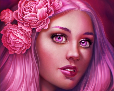 Magenta - woman, magenta, girl, rose, fantasy, face, art, pink, amethyst eyes, peony, junejenssen, flower