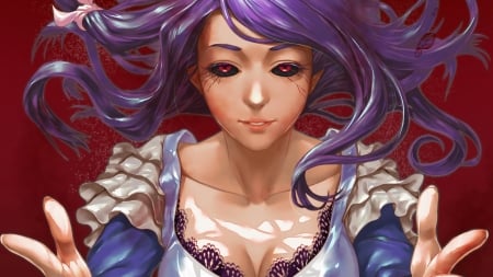 Tokyo Ghoul - purple, tsukiyama shuu, girl, red, kamishiro rize, anime, tokyo ghoul, manga