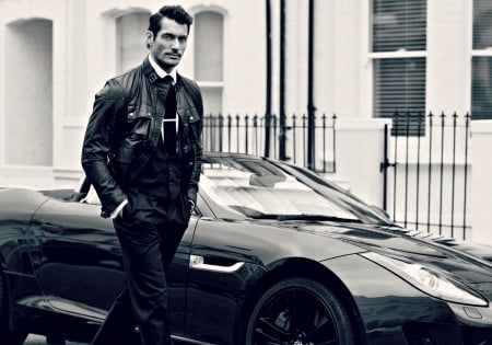 David Gandy - black, white, car, model, bw, David Gandy, man