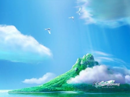 Celestial Exploring by Kagaya - fantasy, clouds, island, artwork, sea, green