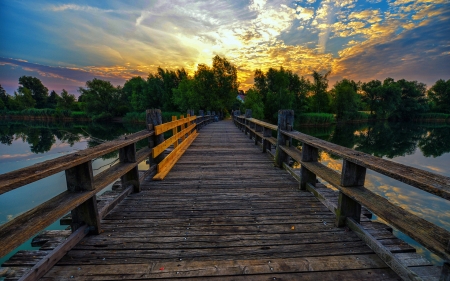 Beautiful Sunset - nature, sky, pier, landscape, trees, clouds, sunset