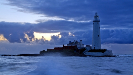 End of Day - sky, lighthouse, clouds, sea, ocean, nature