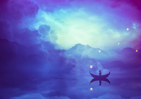 Tranquility - water, blue, boat, girl, pink, lantern, fantasy, purple, tranquility, mist, cloud, sky, nikita gill