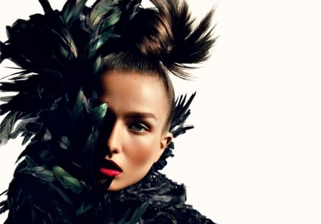 Andreea Diaconu - andreea diaconu, feather, white, black, model, girl, woman