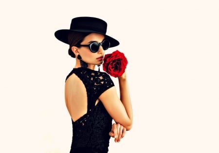 Andreea Diaconu - woman, andreea diaconu, hat, girl, sunglasses, rose, black, model, white, red, flower