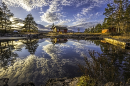 Peaceful Place - cottage, lake, sky, landscape, trees, peaceful, water, nature, reflection, clouds, splendor, cabin, house, sunrise