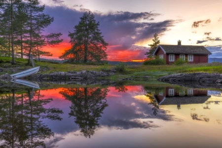 Reflection - sky, lake, water, sunset, mountains, nature, view, clouds, house, boat