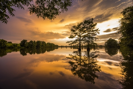 Reflection - nature, sky, lake, trees, reflection, clouds, water, sunset