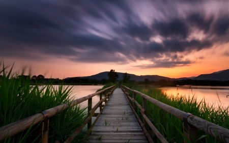 Splendor - nature, sky, lake, pier, clouds, water, sunset