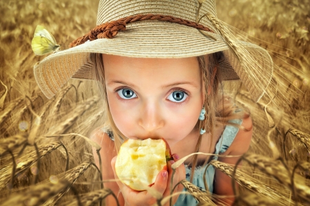 Young Cowgirl Eating an Apple - pretty, apple, cowgirl, blue eyes