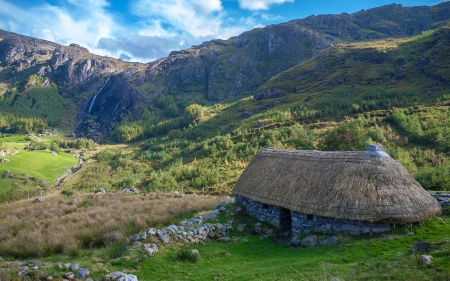 Gleninchiquin Waterfall, Ireland - nature, valley, ireland, house, mountains, waterfall