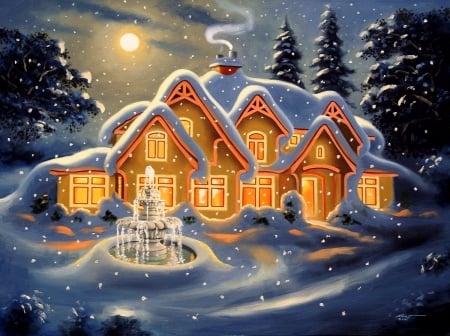 Dream Home - winter, attractions in dreams, paintings, snow, light, architecture, home, moons, fountains, love four seasons, houses