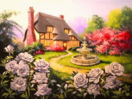 Roses Cottages - roses, attractions in dreams, paintings, spring, architecture, home, fountains, garden, love four seasons, houses