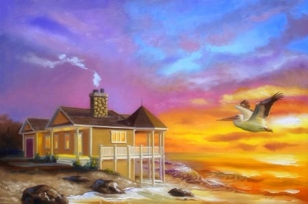 Beach House - beaches, seaside, attractions in dreams, houses, white pelican, summer, home, love four seasons, architecture, paintings, sea