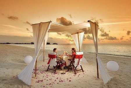 Romance - dinner, pool, evening, sea, romance