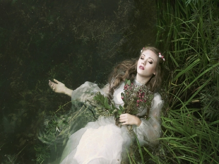 Cold Flowers - women, beauty, ophelia, water, flowers