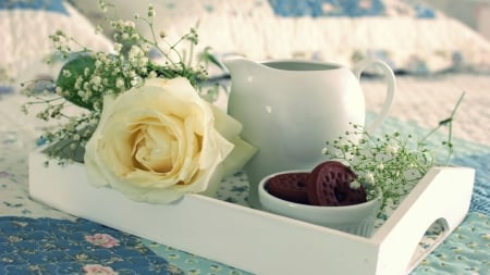 Good Morning - cookies, rose, tea, cake